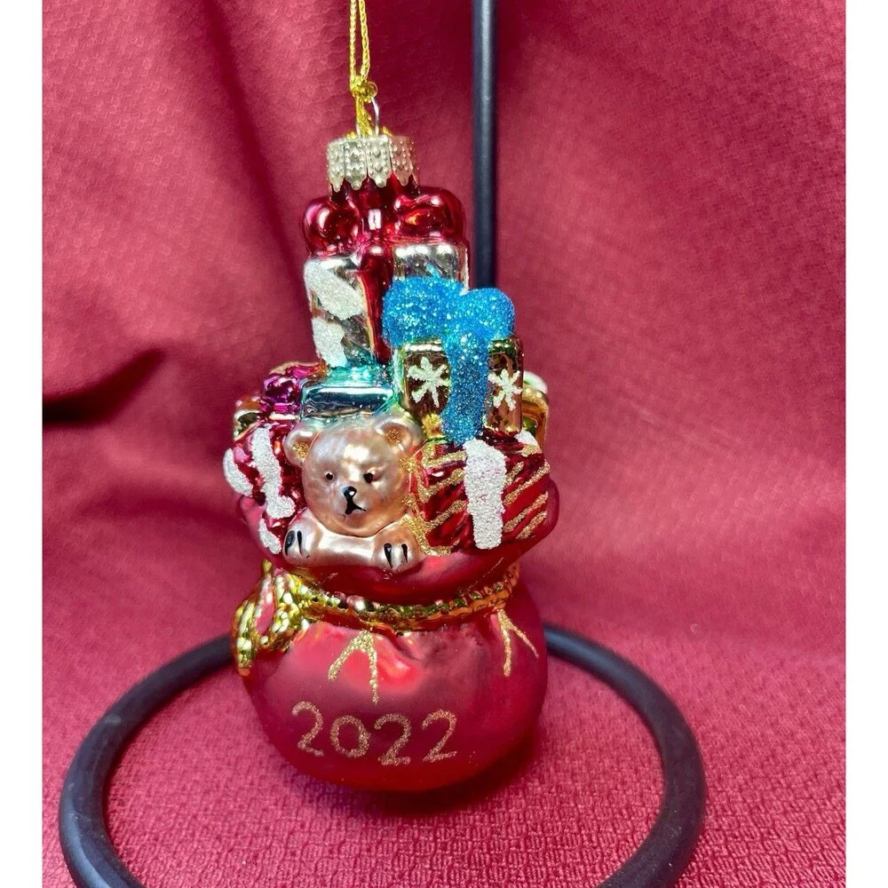 2022 Dated Blown Glass Santa’s Gift Bag~Christmas Ornament~Teddy~Glitter~NWT